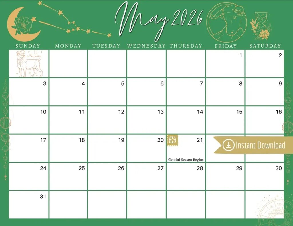 May 2026 Digital Calendar Green And Gold Taurus Astro Planner Editable Fillable Printable Calendar For Planning PDF PNG And JPG Download Etsy