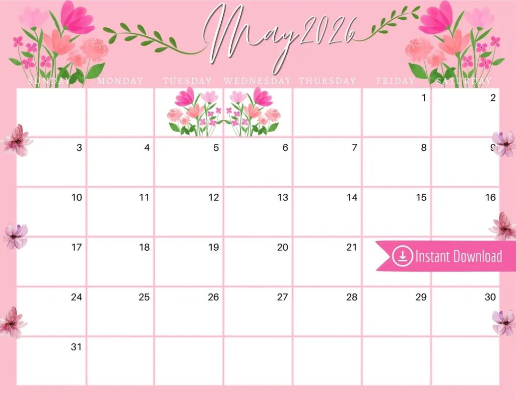 May 2026 Digital Calendar Pink May Flowers Planner Editable Fillable Printable Calendar For Planning PDF PNG And JPG Download Etsy