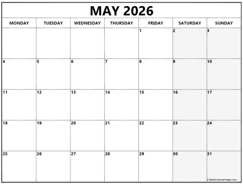 May 2026 Monday Calendar Monday To Sunday