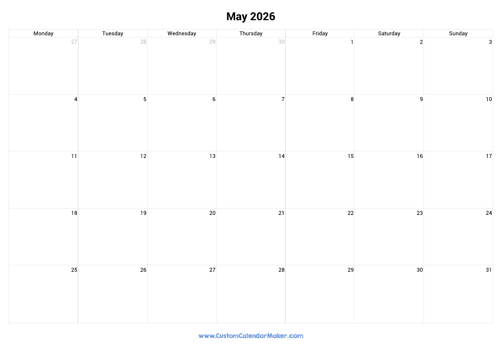 May 2026 Monday Start Calendar Monday To Sunday Custom Calendar Maker May 2026 Monday Start Calendar Monday To Sunday Custom Calendar Maker