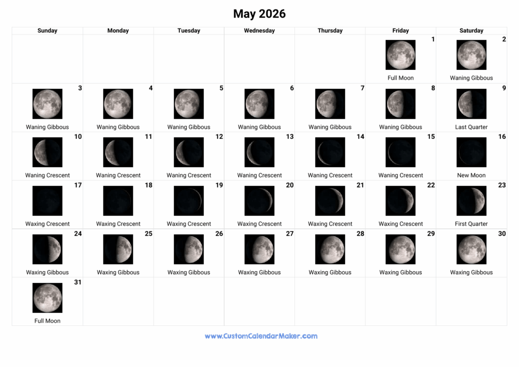 May 2026 Moon Phases Calendar Custom Calendar Maker