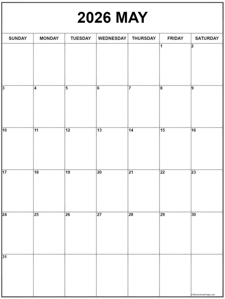 May 2026 Vertical Calendar Portrait