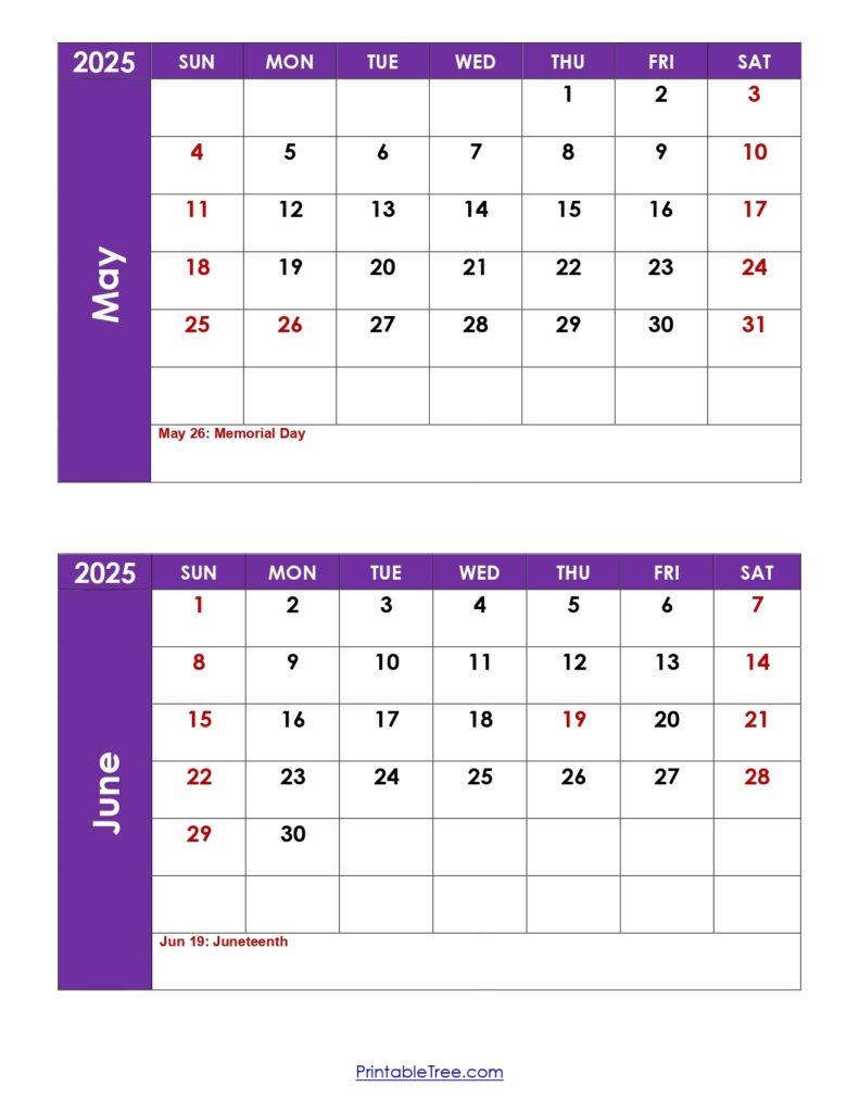 May And June 2025 Calendar Printable PDF Two Months Calendar