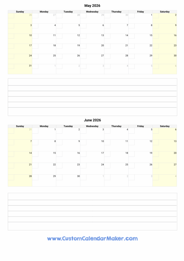 May And June 2026 Calendar Custom Calendar Maker