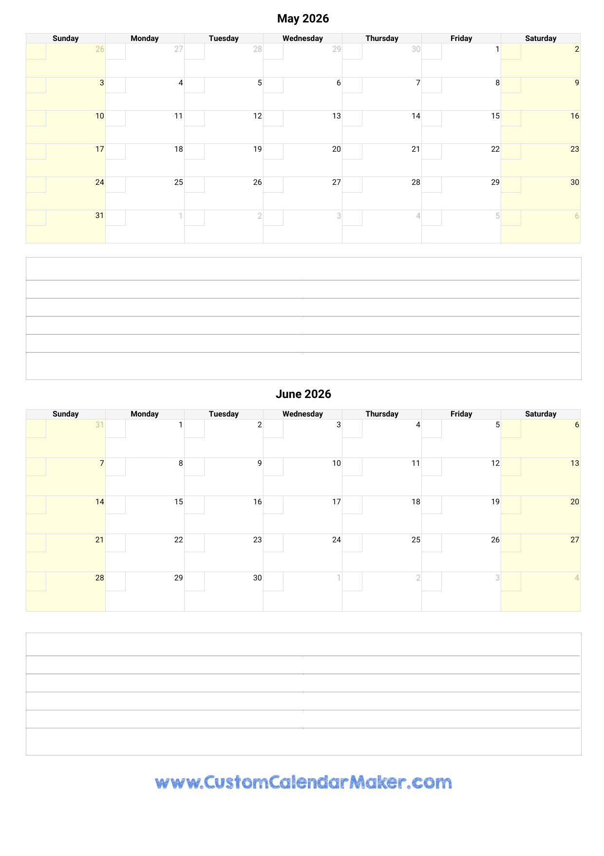 May And June 2026 Calendar Custom Calendar Maker