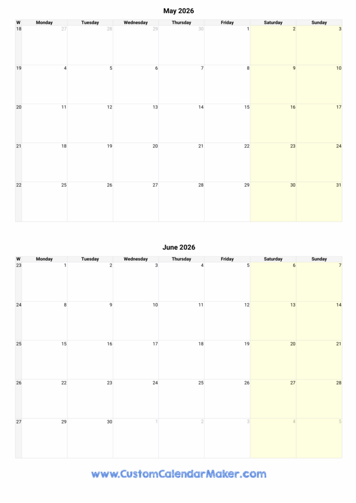 May And June 2026 Calendar Custom Calendar Maker