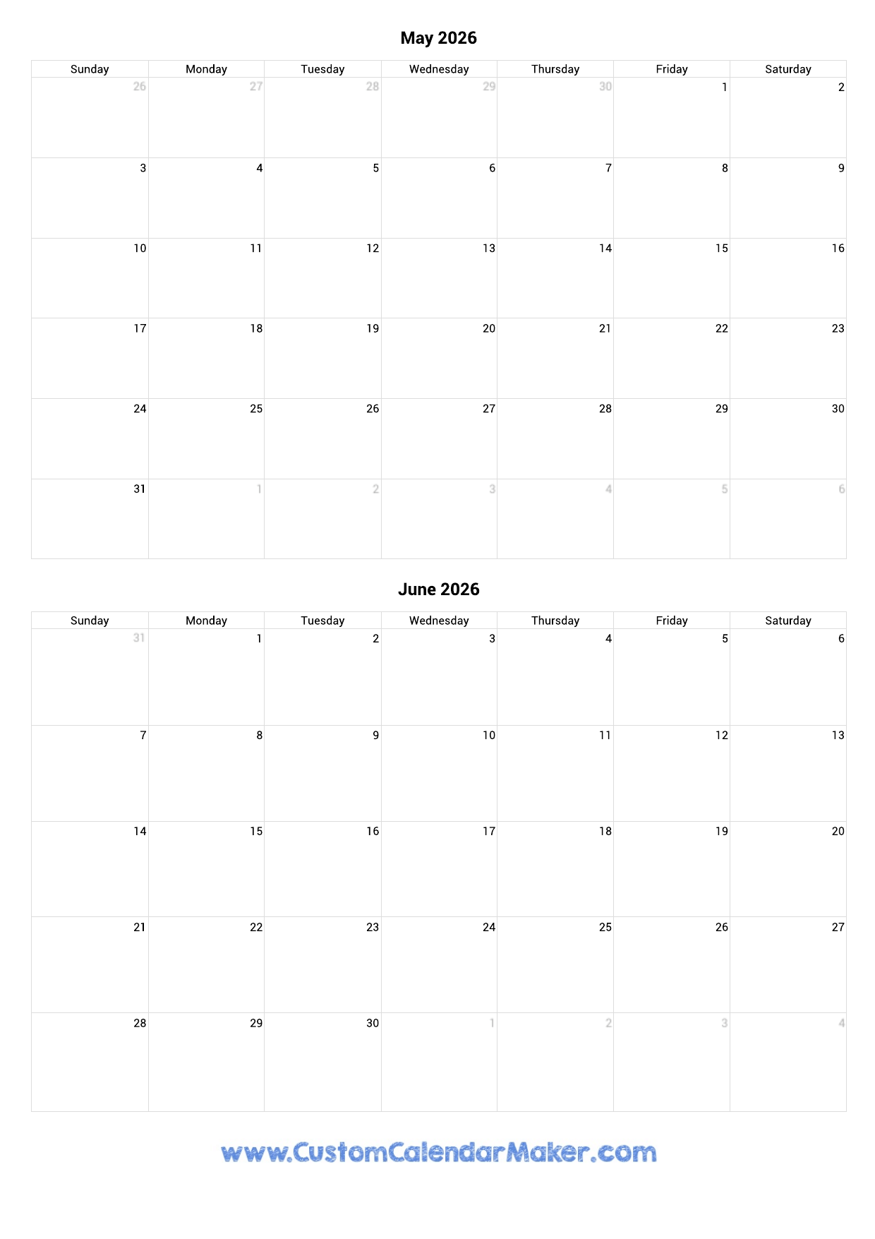 May And June 2026 Calendar Custom Calendar Maker May And June 2026 Calendar Custom Calendar Maker