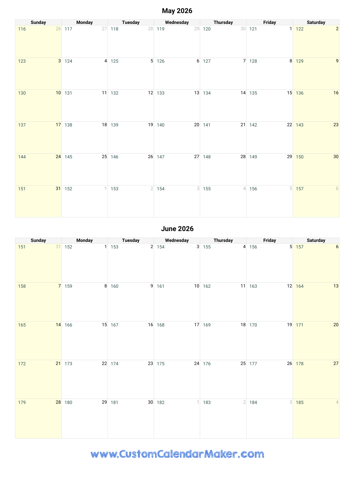 May And June 2026 Calendar Custom Calendar Maker