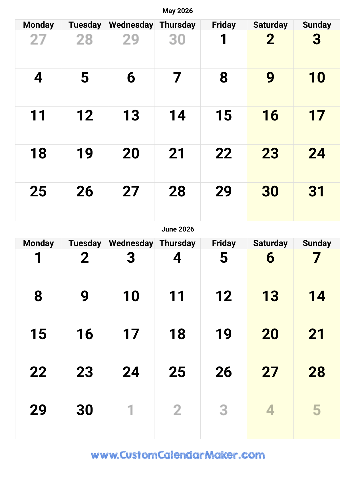 May And June 2026 Calendar Custom Calendar Maker