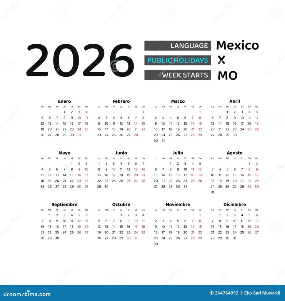Mexico Calendar 2026 Week Starts From Monday Vector Graphic Design Stock Vector Illustration Of Printing Language 264764992