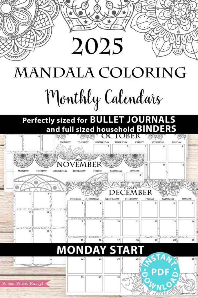Monday Start 2025 Monthly Calendars For Bullet Journals Or Binders Mandala Printable