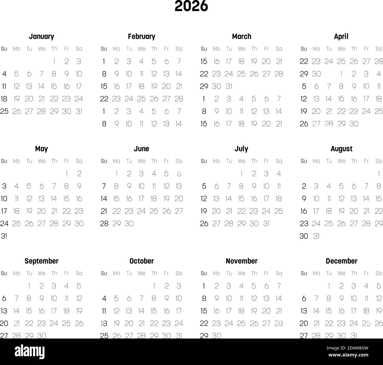 Monthly Calendar Of Year 2026 Week Starts On Sunday Block Of Months In Two Rows And Six Columns Horizontal Arrangement Simple Thin Minimalist Design Vector Illustration Stock Vector Image Art Alamy Monthly Calendar Of Year 2026 Week Starts On Sunday Block Of Months In Two Rows And Six Columns Horizontal Arrangement Simple Thin Minimalist Design Vector Illustration Stock Vector Image Art Alamy