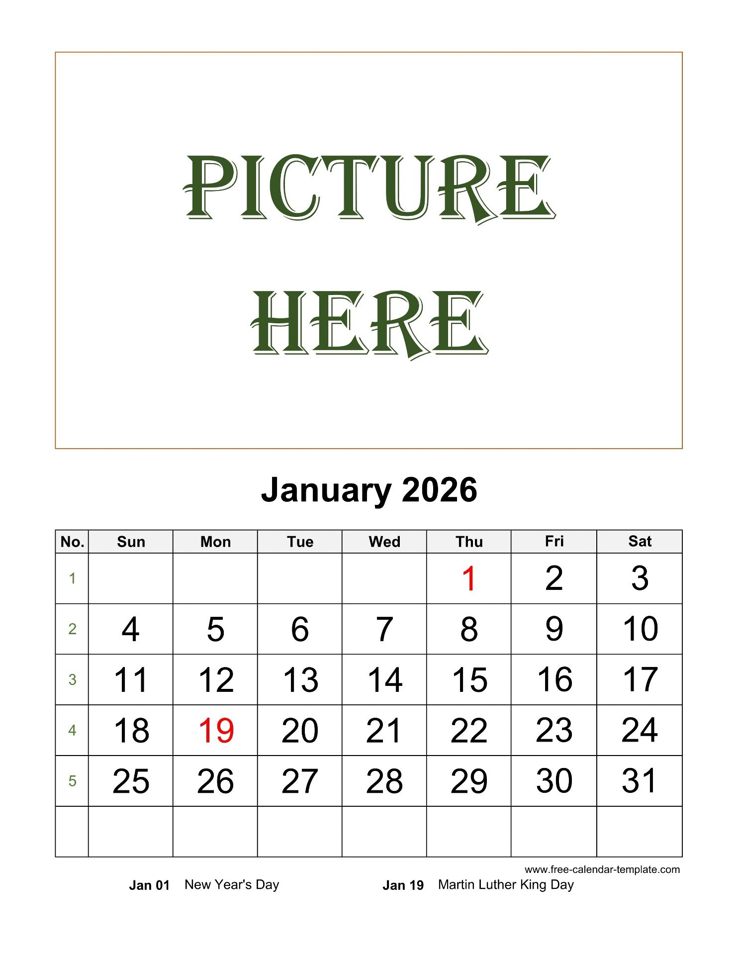 January Calendar Vertical 2026