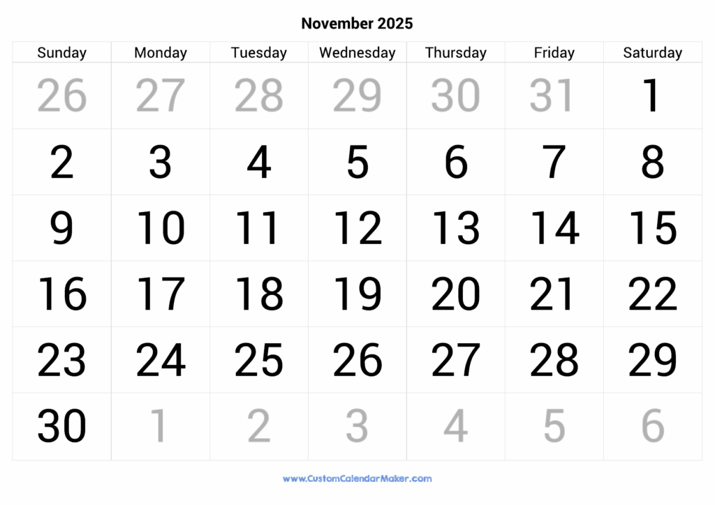 November 2025 Calendar Printable With Large Numbers Custom Calendar Maker