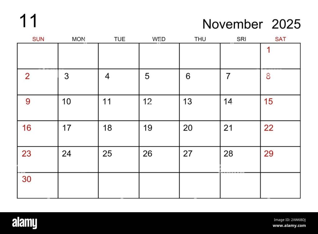 November 2025 Calendar Template On White Paper Background Stock Photo Alamy