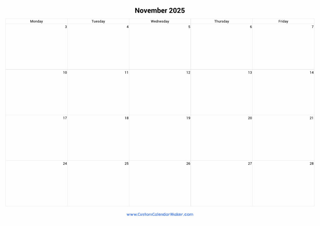 November 2025 Calendar Weekdays Only Monday To Friday Custom Calendar Maker
