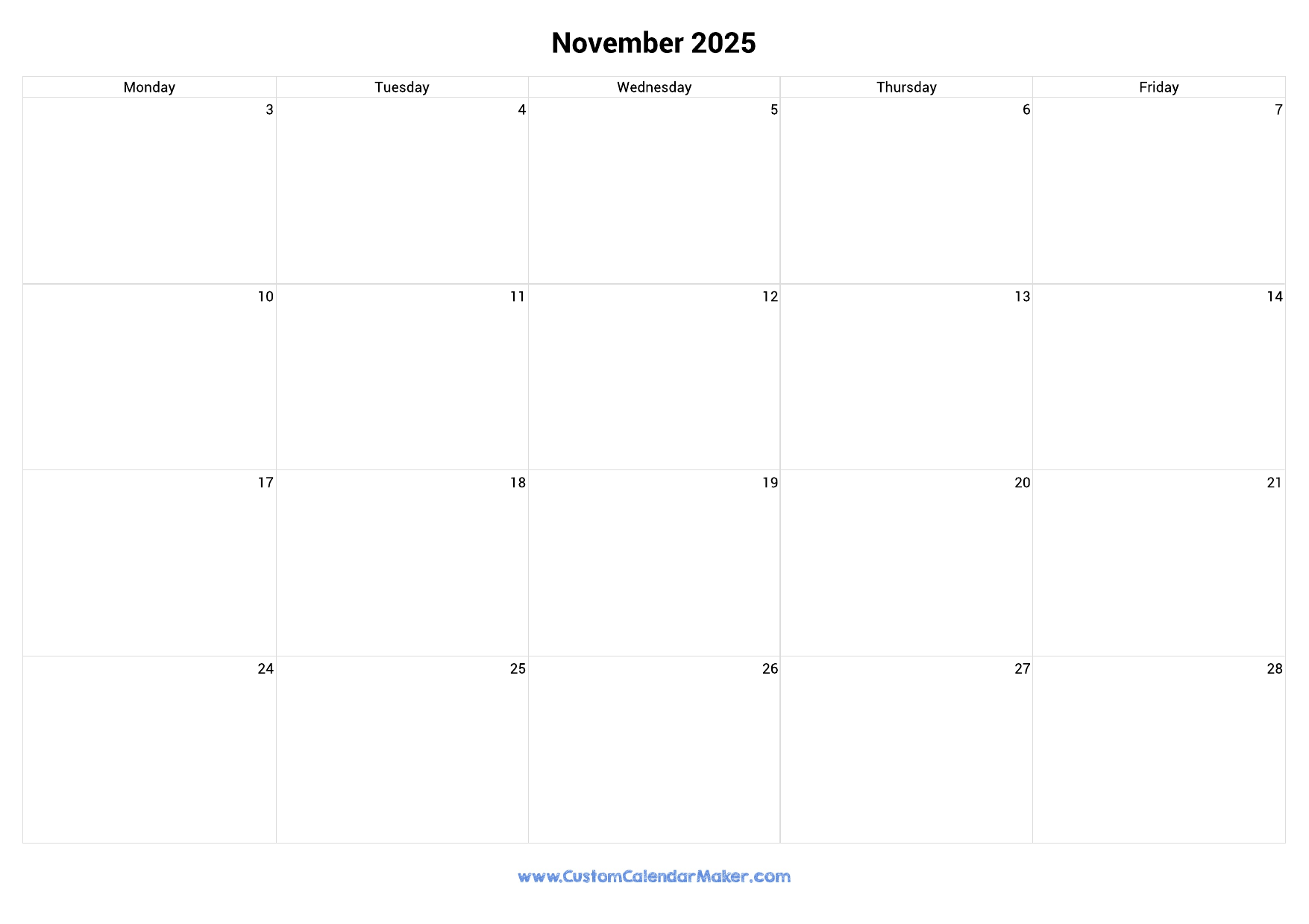 November 2025 Calendar Weekdays Only Monday To Friday Custom Calendar Maker November 2025 Calendar Weekdays Only Monday To Friday Custom Calendar Maker
