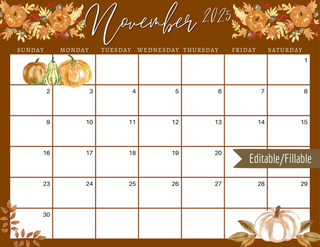 November 2025 Digital Calendar Brown Fallen Leaves Planner Editable Fillable Printable Calendar For Planning PDF PNG And JPG Download Etsy