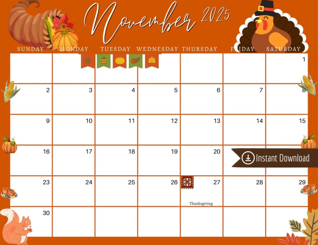 November 2025 Digital Calendar Orange Thanksgiving Planner Editable Fillable Printable Calendar For Planning PDF PNG And JPG Download Etsy