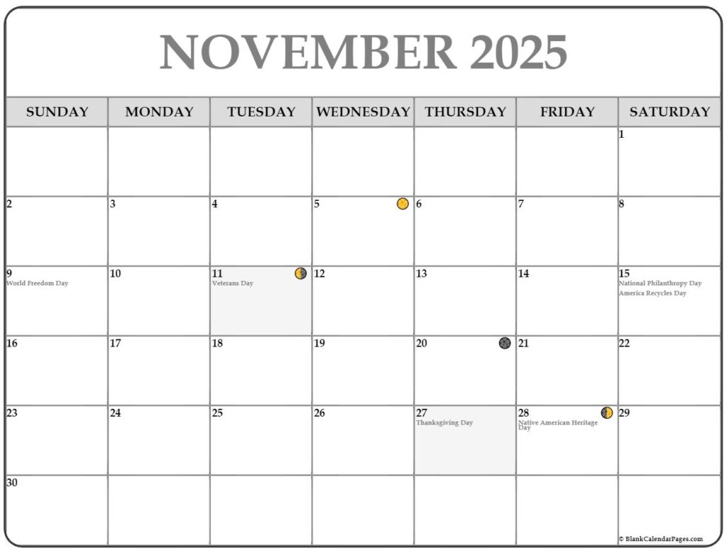 November 2025 Lunar Calendar Moon Phase Calendar