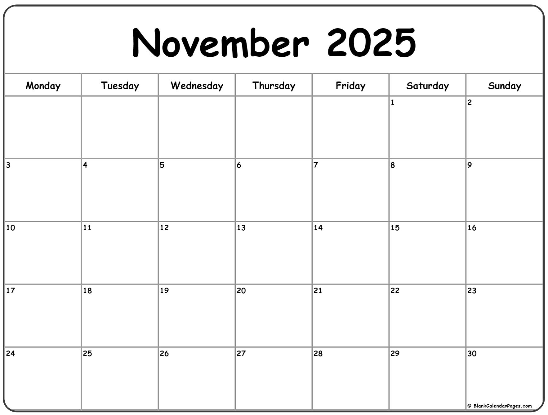 November 2025 Monday Calendar Monday To Sunday November 2025 Monday Calendar Monday To Sunday