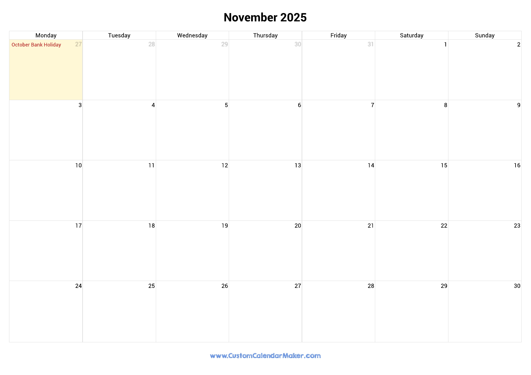 November 2025 Printable Calendar With Ireland Holidays Custom Calendar Maker November 2025 Printable Calendar With Ireland Holidays Custom Calendar Maker
