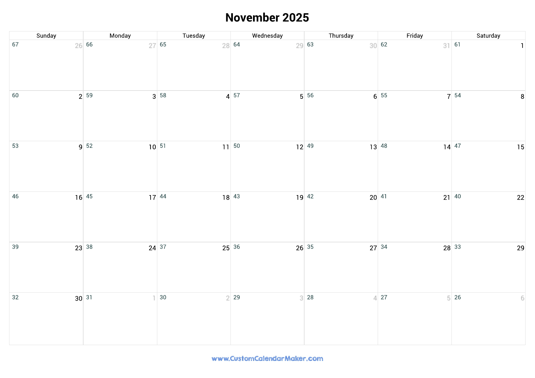 November 2025 Remaining Days Calendar Custom Calendar Maker