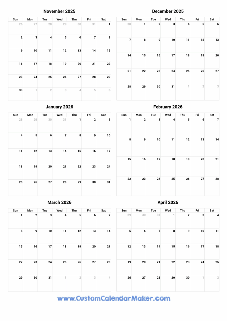 November 2025 To April 2026 Printable Calendar Custom Calendar Maker