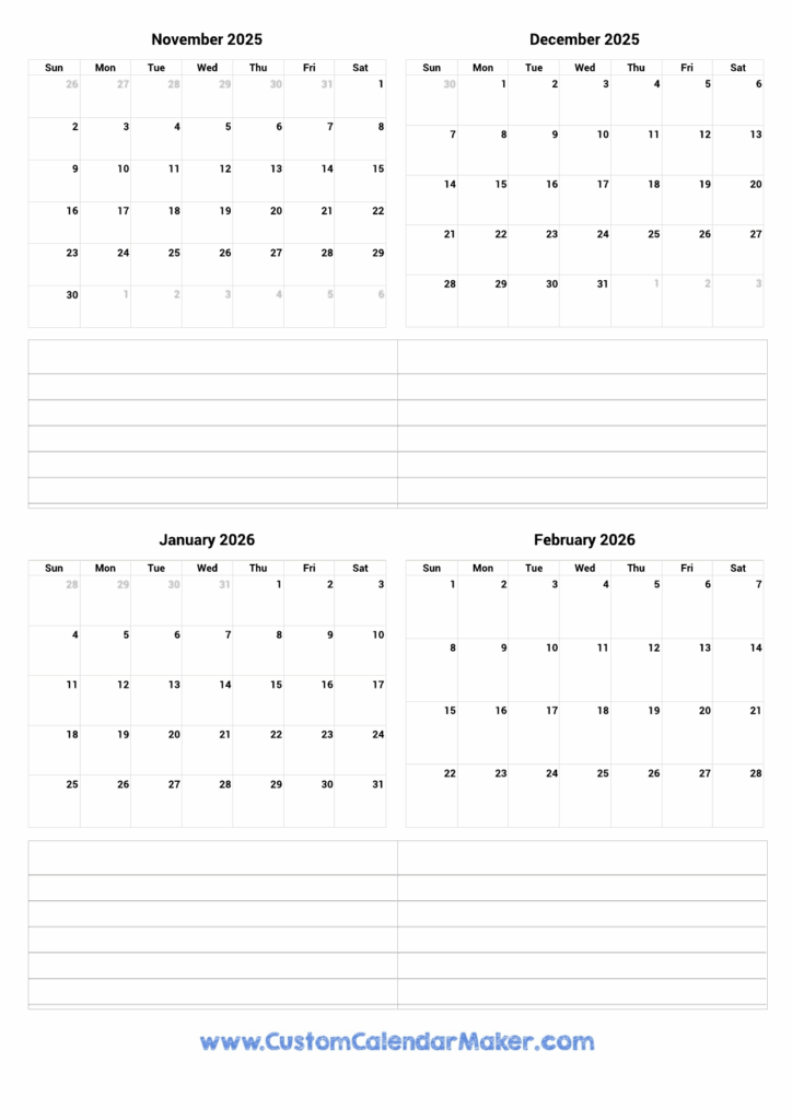November 2025 To February 2026 Printable Calendar Custom Calendar Maker