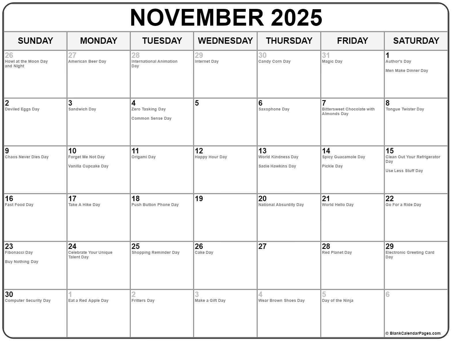 November 2025 With Holidays Calendar November 2025 With Holidays Calendar