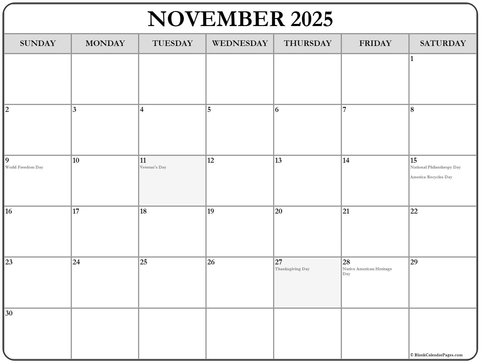 November 2025 With Holidays Calendar