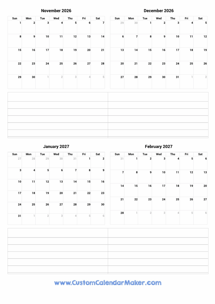 November 2026 To February 2027 Printable Calendar Custom Calendar Maker