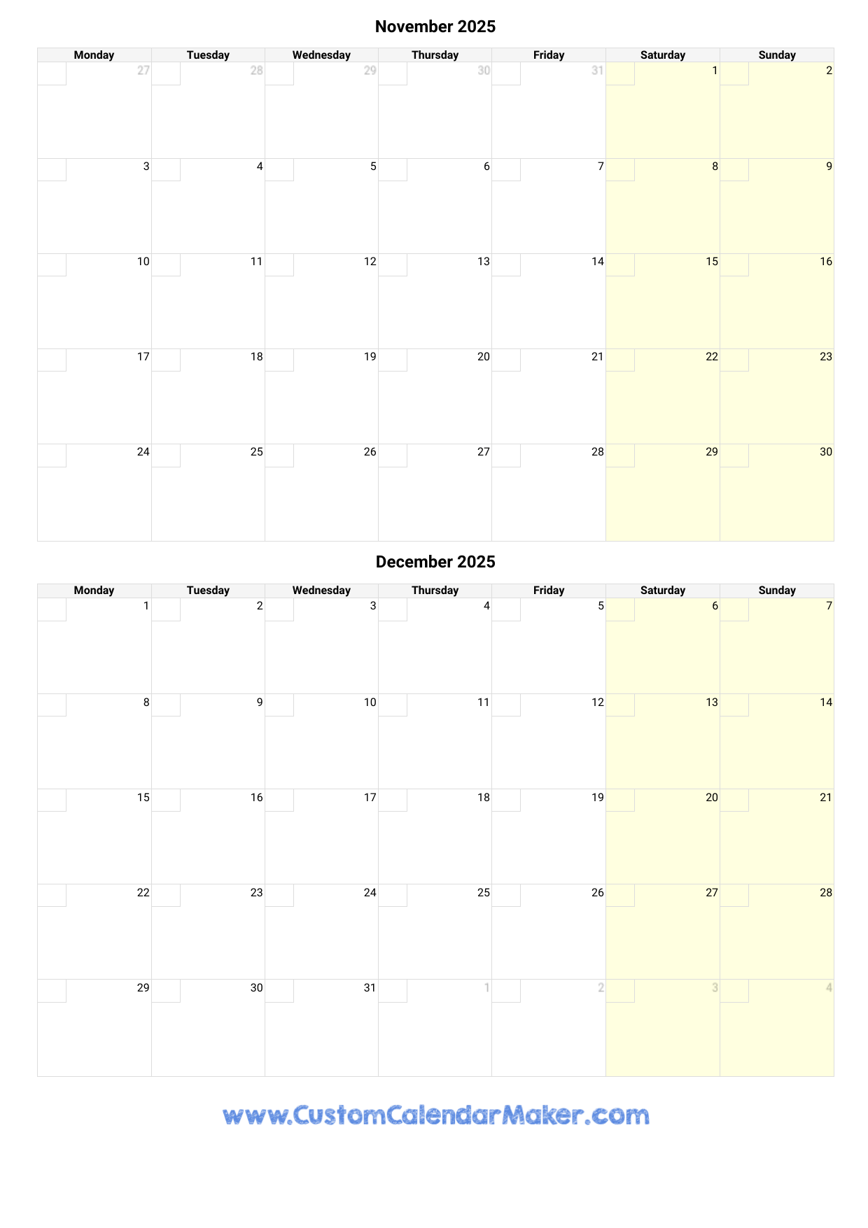 November And December 2025 Calendar Custom Calendar Maker