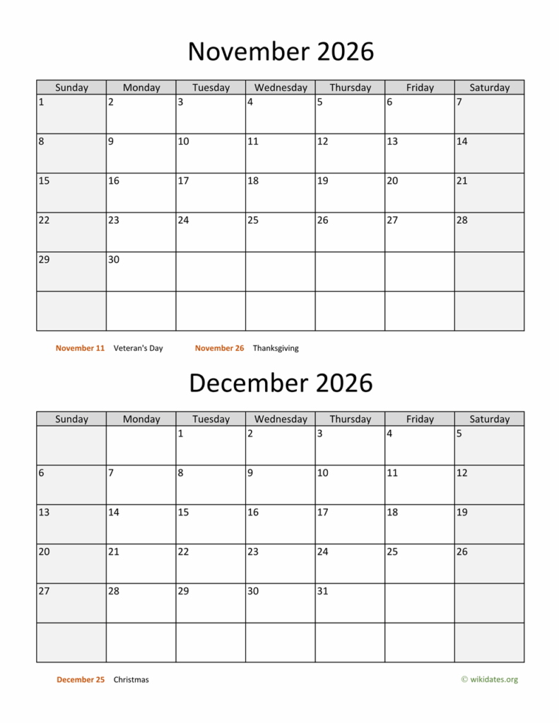 November And December 2026 Calendar WikiDates