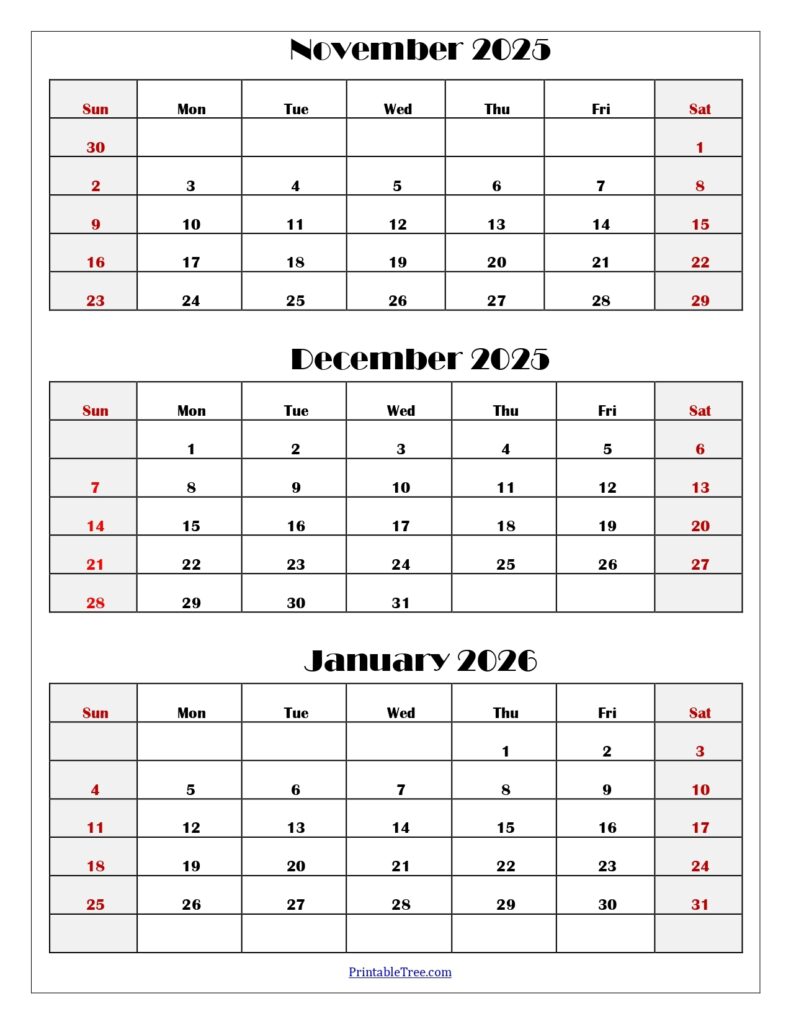 November To January 2026 Calendar Printable PDF Three Months Calendar