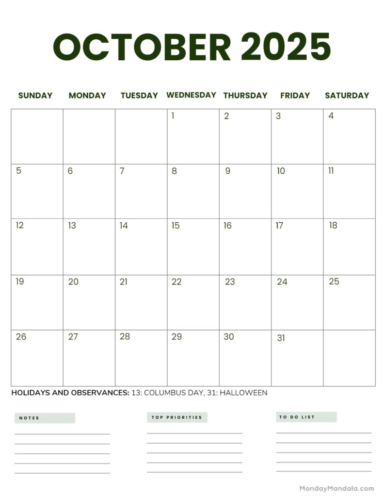 October 2025 Calendar 52 Free PDF Printables