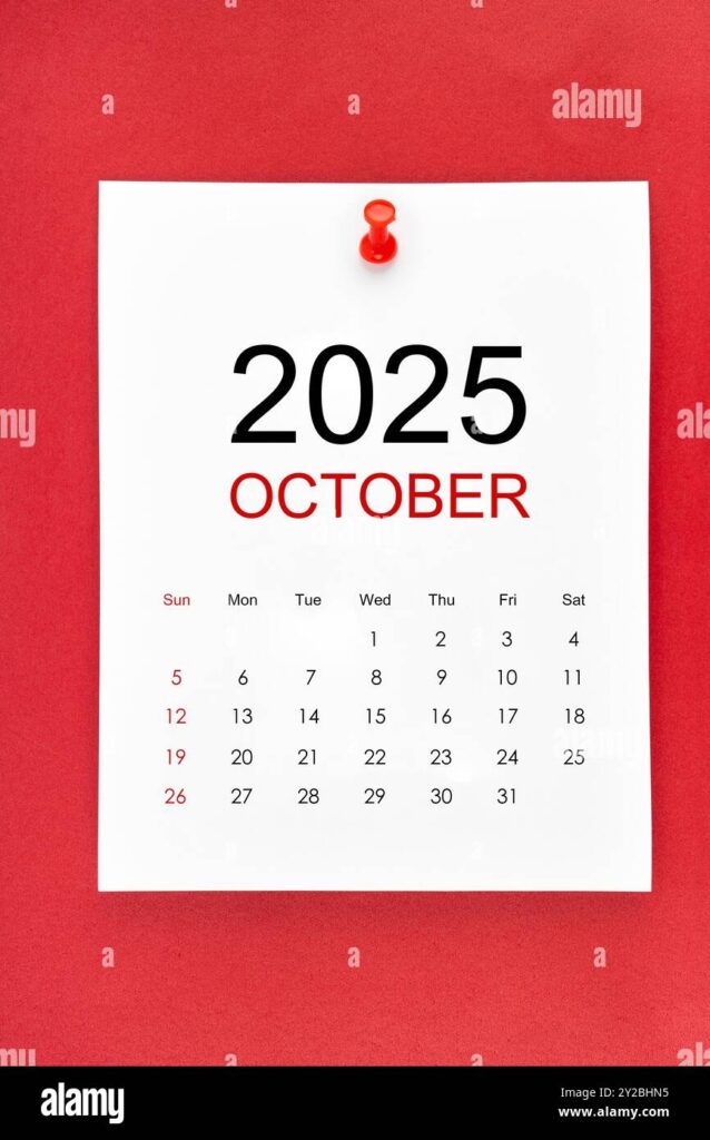 October 2025 Calendar Page With Push Pin On Red Color Background Stock Photo Alamy