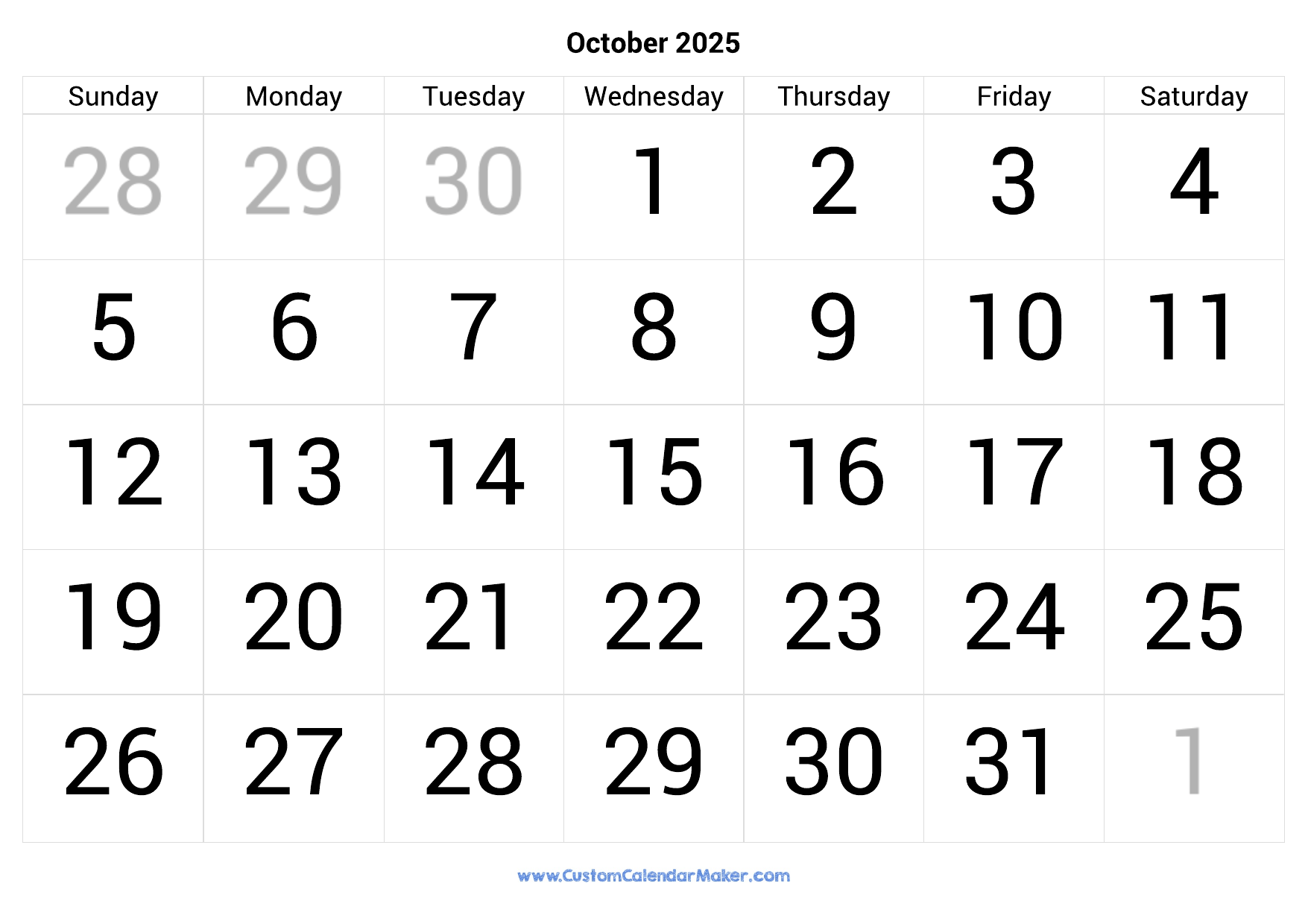 October 2025 Calendar Printable With Large Numbers Custom Calendar Maker