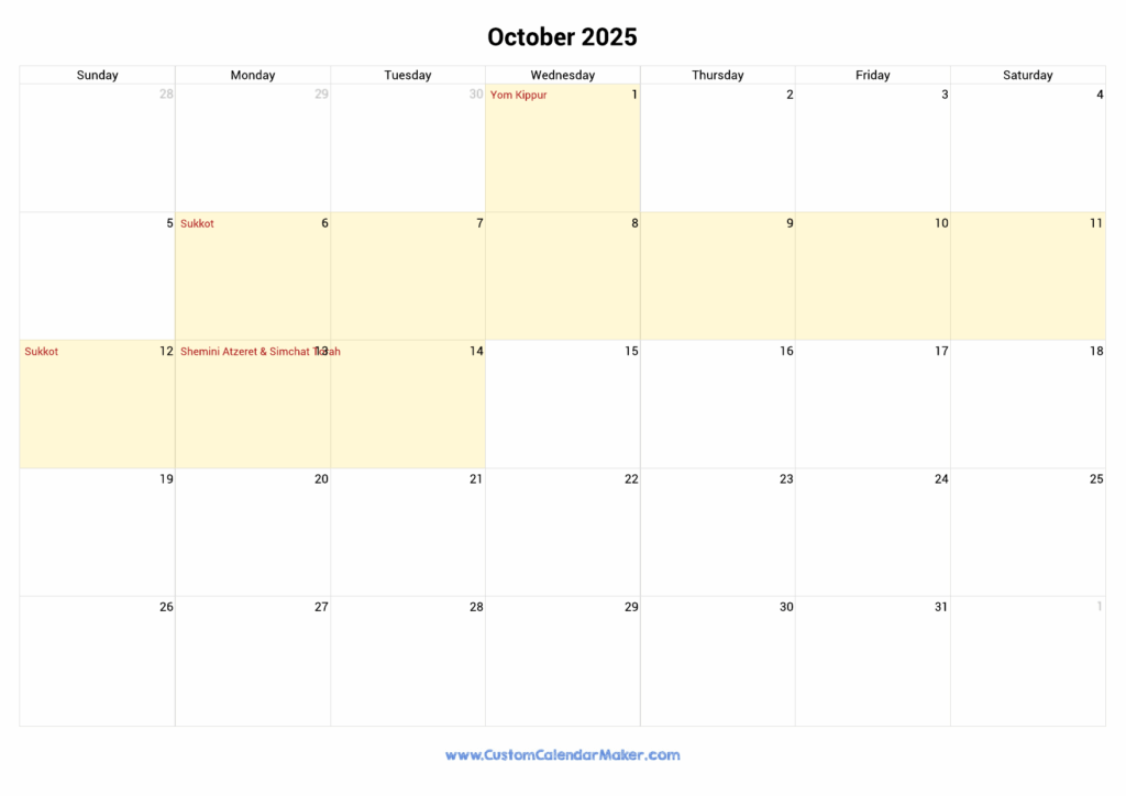 October 2025 Jewish Calendar With Hebrew Holidays Custom Calendar Maker