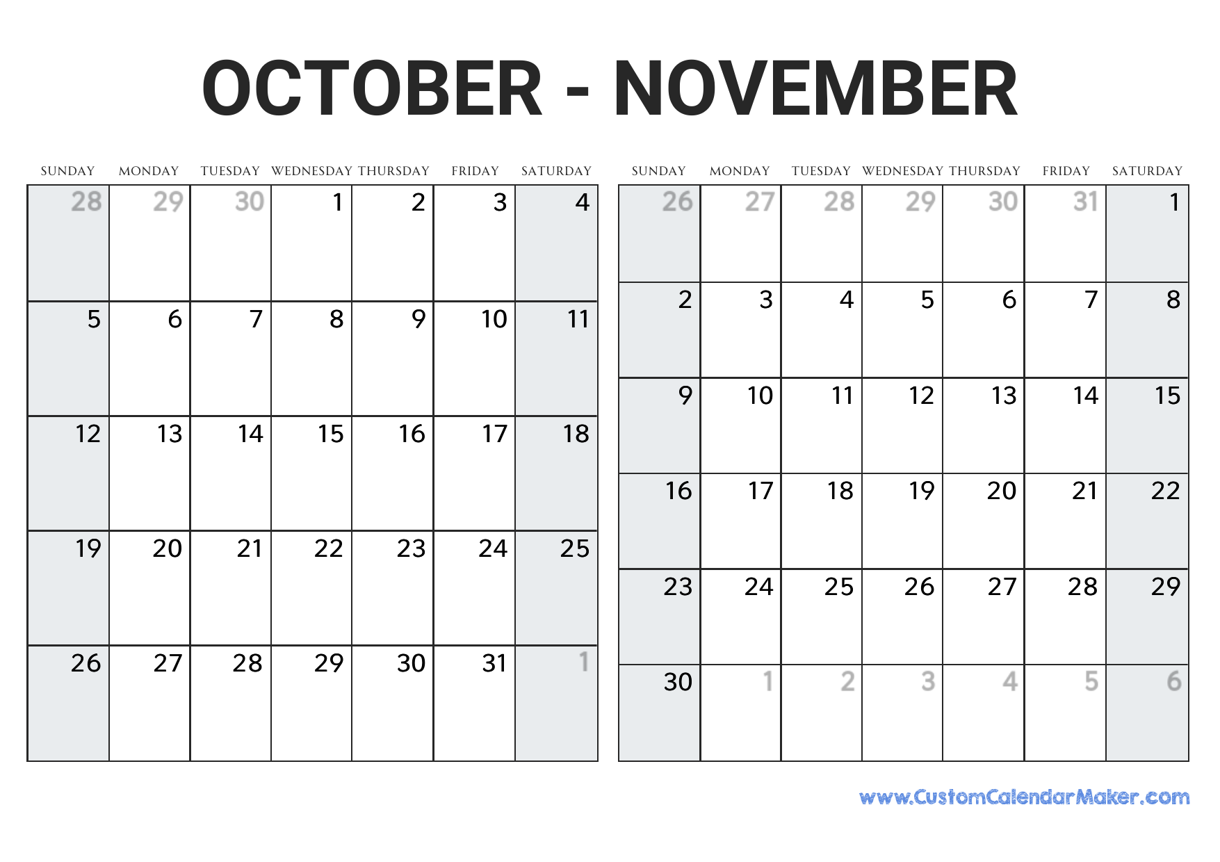 October And November 2025 Calendar Custom Calendar Maker