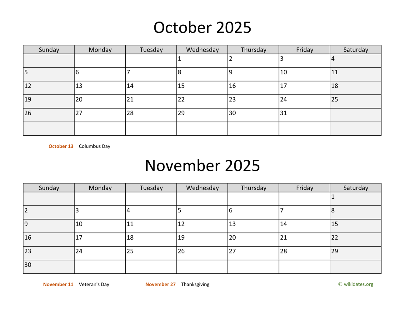 October And November 2025 Calendar WikiDates