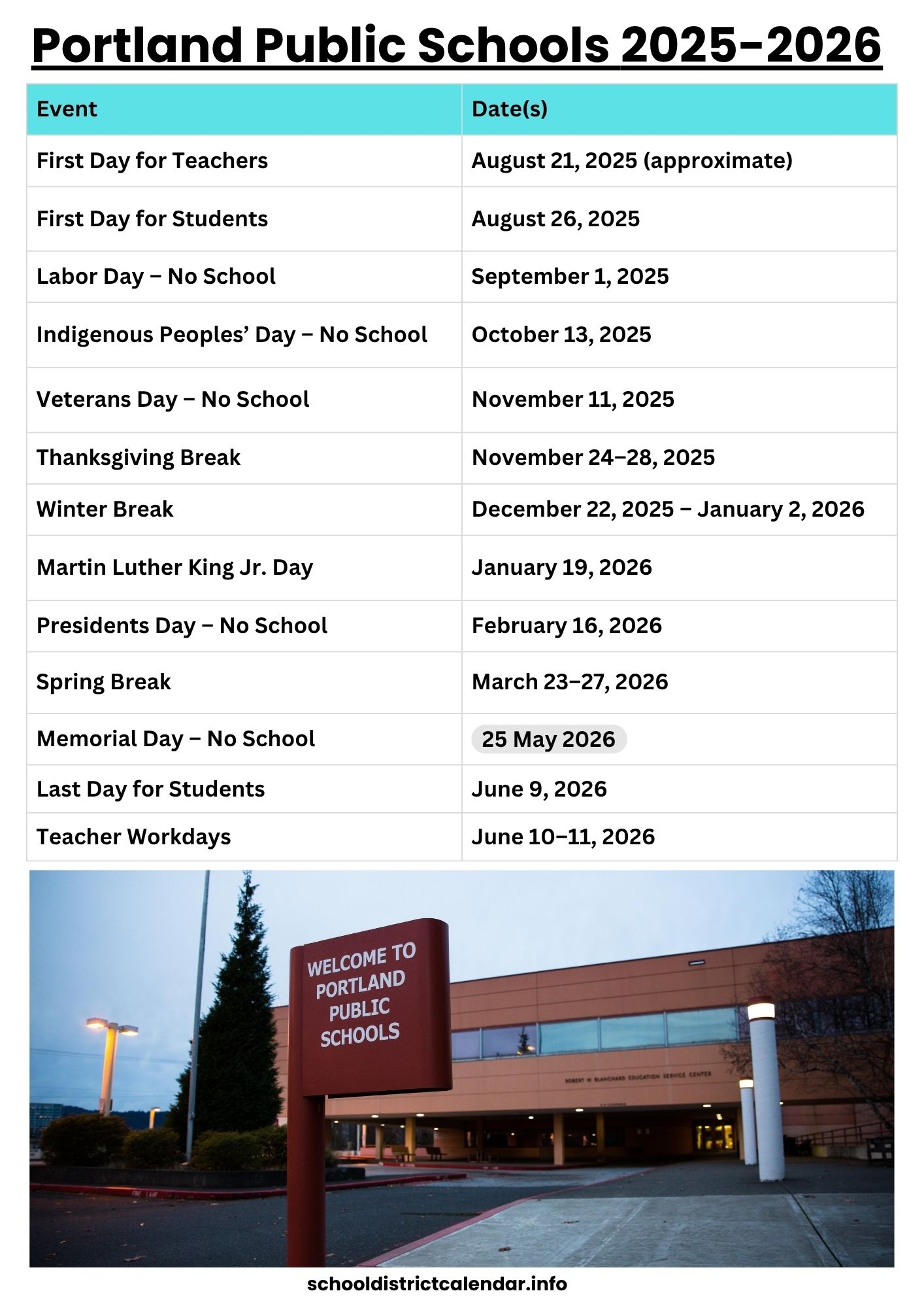 Portland Public Schools Calendar With Holidays 2025 2026