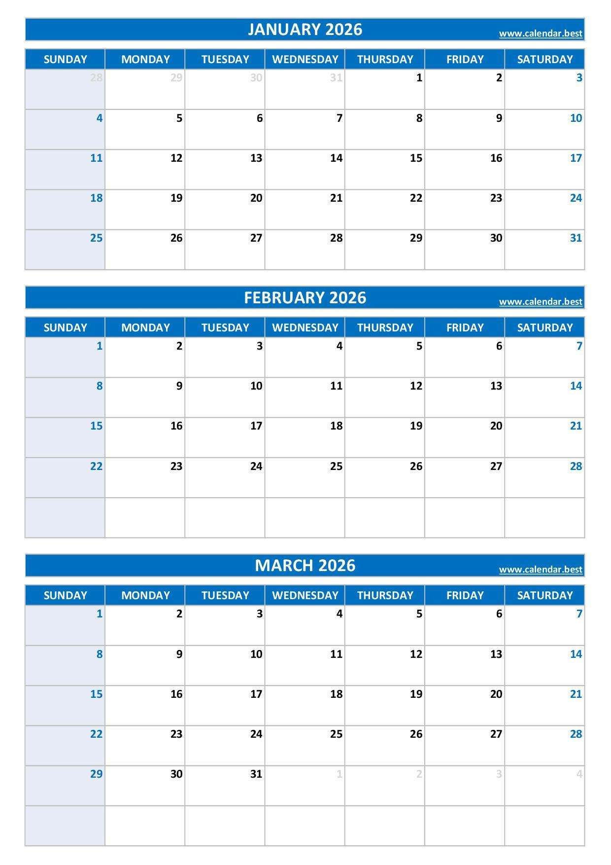 Printable 1st Quarter 2026 Calendar