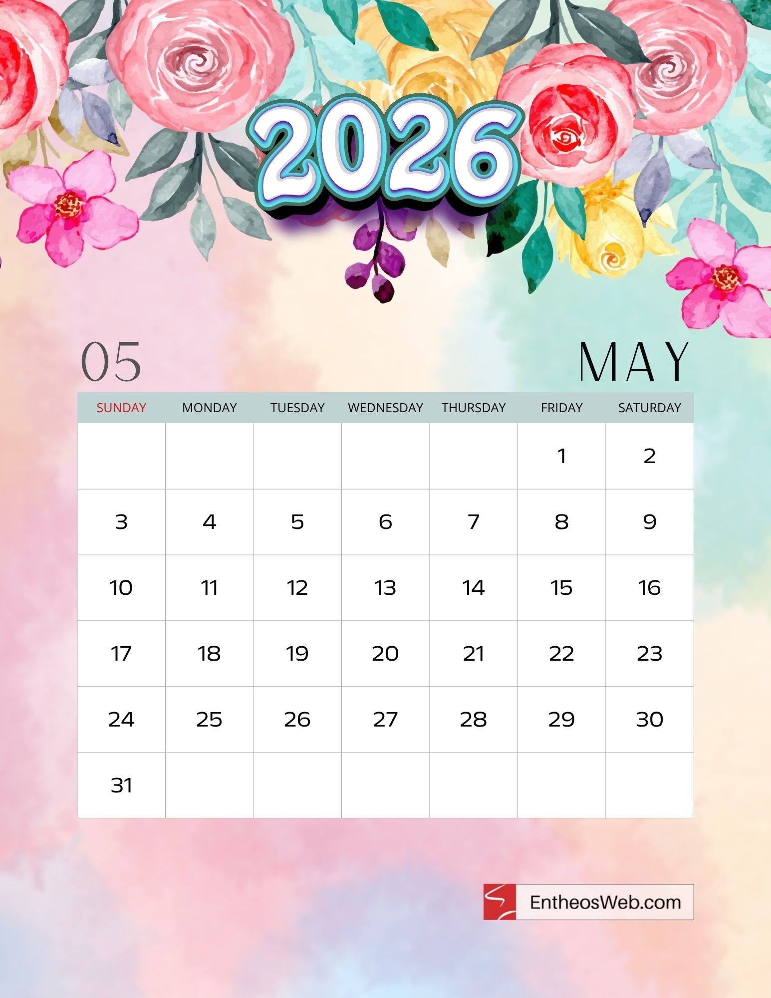Printable 2026 Calendar Beautiful Watercolor Floral Design EntheosWeb