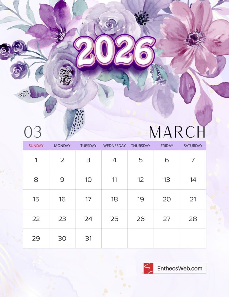 Printable 2026 Calendar Beautiful Watercolor Floral Design EntheosWeb