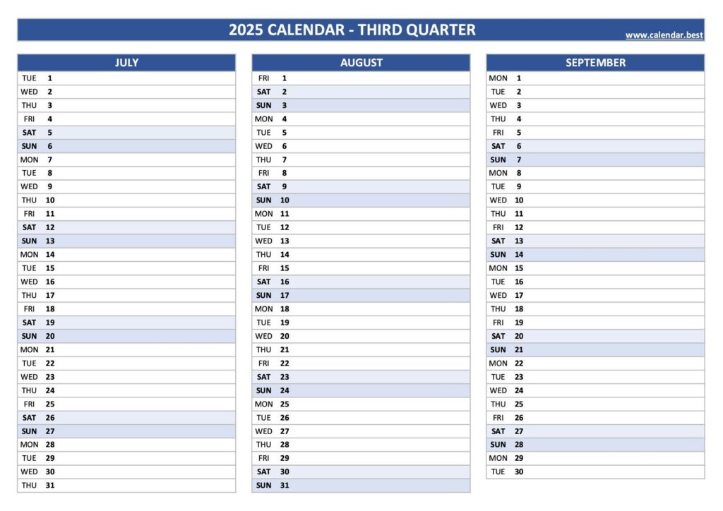 Printable 3rd Quarter 2025 Calendar