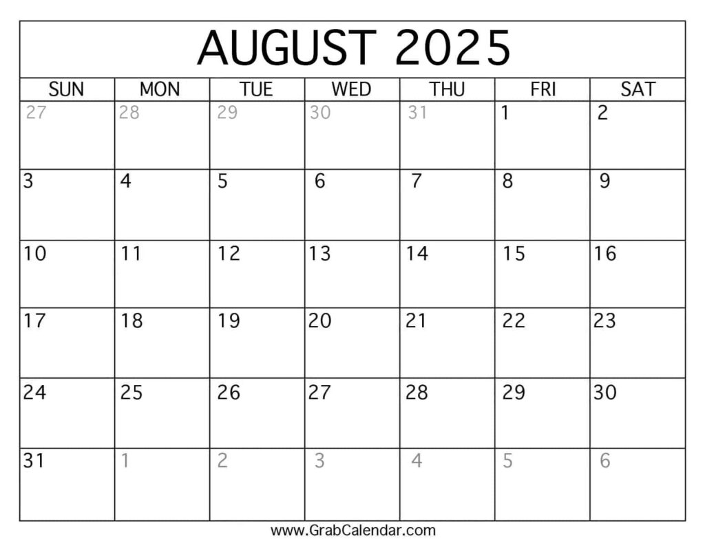 Printable August 2025 Calendar