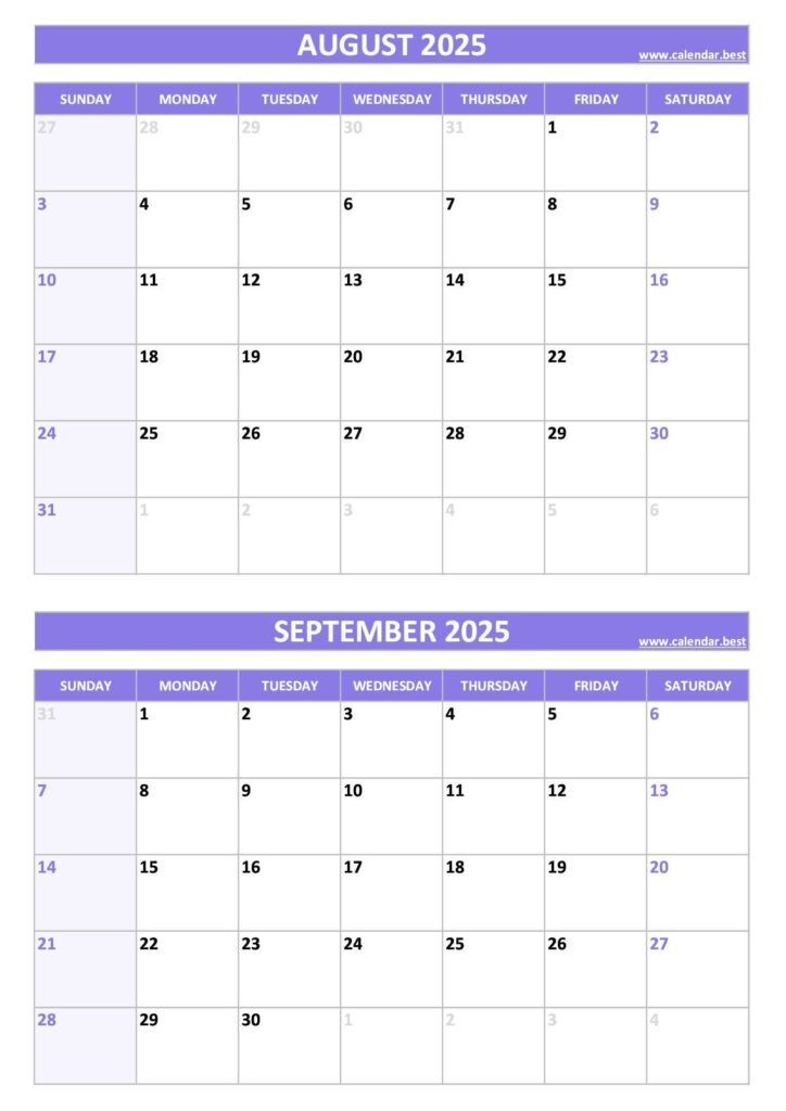 Printable August And September 2025 Calendar Free PDF JPG Downloads