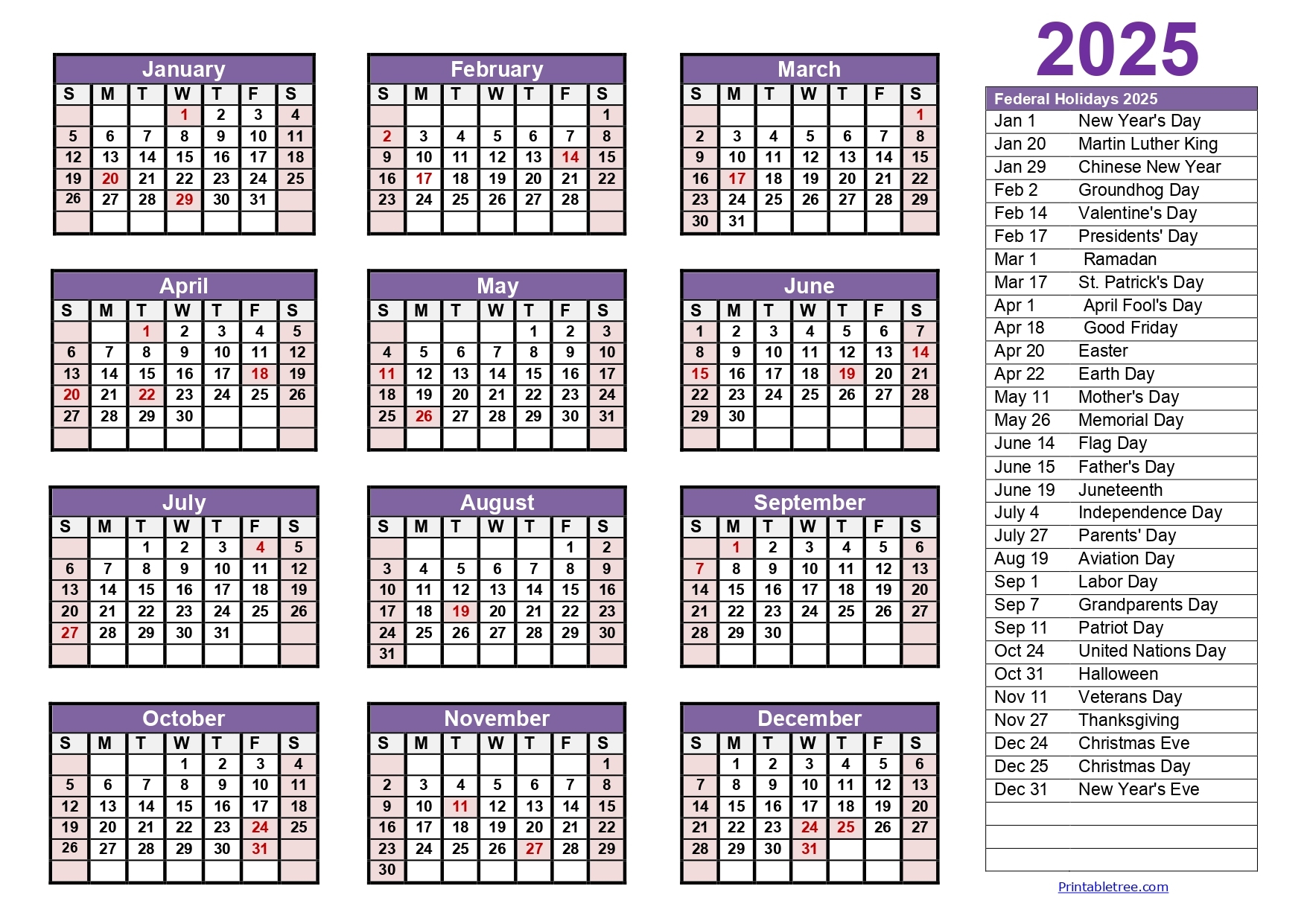 Printable Calendar 2025 One Page With Holidays Single Page 2025 Yearly Blank PDF Templates