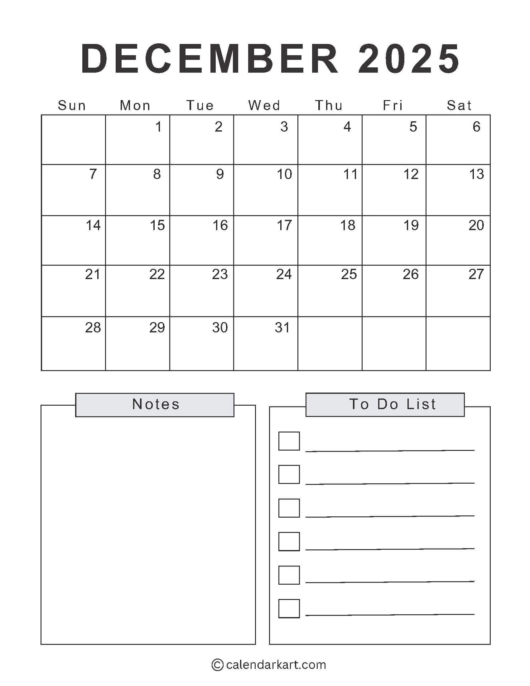 Printable December 2025 Calendars Free Pdf CalendarKart